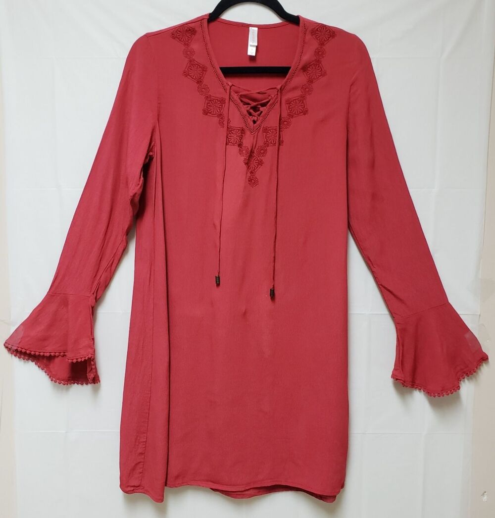 Exhilaration Women’s Red Lace Embroidered Dress S Long Sleeve NWOT Romantic
